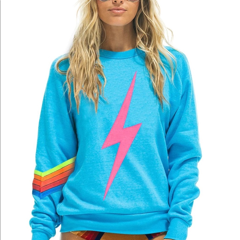AVIATOR NATION Turquoise 1 stitch pink neon bolt chevron sweatshirt Size Medium